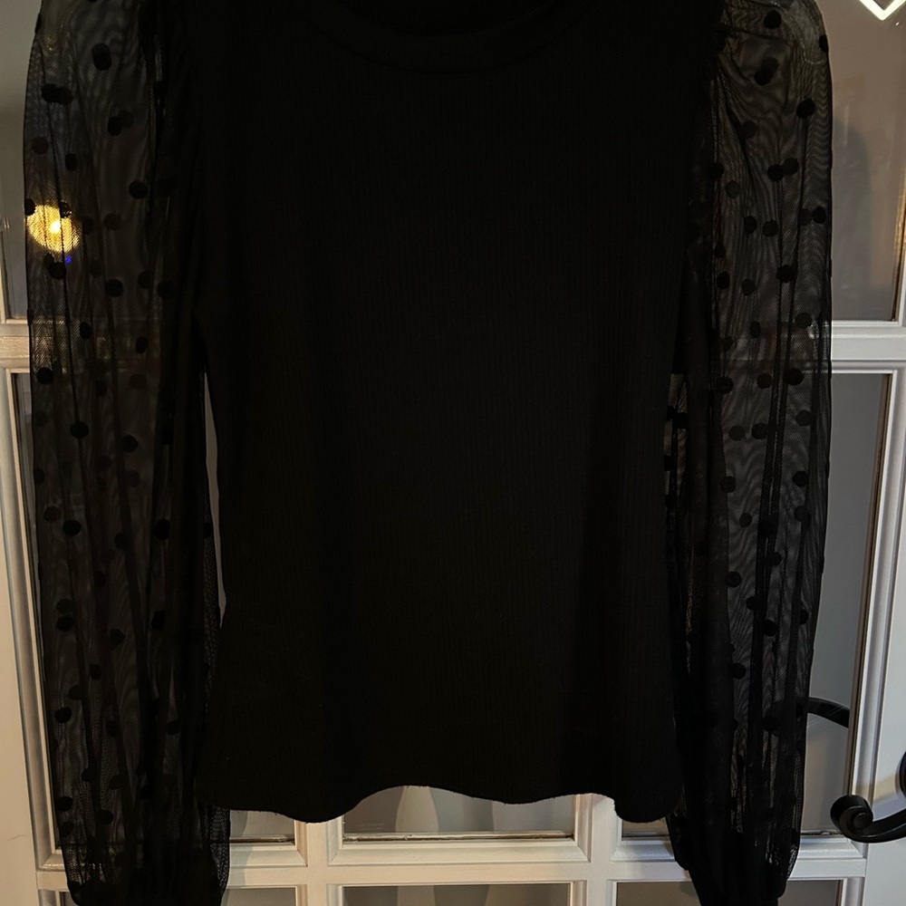 Lush Black Top with Sheer Polka Dot Sleeves